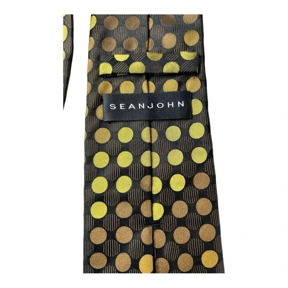 Sean John Brown Gold Polka Dot Tie Elegant Retro‎ Style 100% Silk Mens Necktie